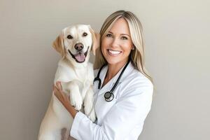 Smiling veterinarian holding a labrador retriever in a clean clinic setting during daytime photo
