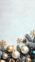 Festive decorations with gold and silver ornaments on a light winter background photo
