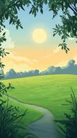 Glowing sunrise over a tranquil ocean viewed from lush grassy hills photo