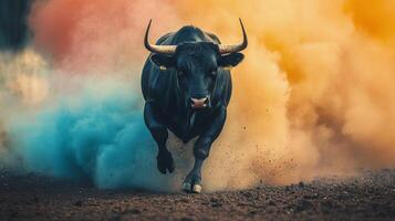 Bull charging through colorful smoke at an outdoor event in bright sunlight photo