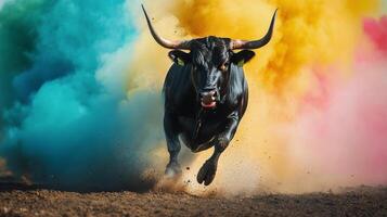 Bull charging through colorful smoke at an outdoor event in bright sunlight photo