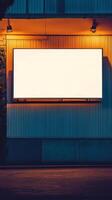 Outdoor venue with blank screen and warm lighting near city street at night photo