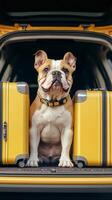 Dog sits between yellow suitcases in car ready for adventure in sunny location photo