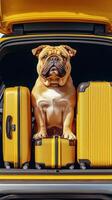 Dog sits between yellow suitcases in car ready for adventure in sunny location photo
