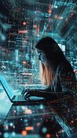 Young woman coding on a laptop surrounded by digital data at night photo