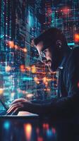 Young woman coding on a laptop surrounded by digital data at night photo