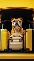 Dog sits between yellow suitcases in car ready for adventure in sunny location photo