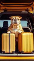 Dog sits between yellow suitcases in car ready for adventure in sunny location photo