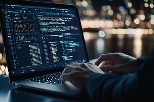 Hands engaged in coding on a laptop surrounded by a cityscape at night photo