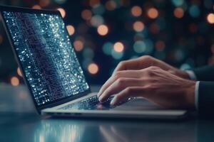 Hands engaged in coding on a laptop surrounded by a cityscape at night photo