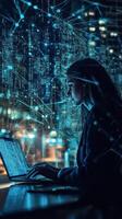 Young woman coding on a laptop surrounded by digital data at night photo