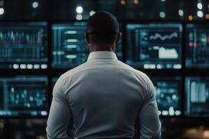 Business professional analyzes data in a modern office setting at night photo