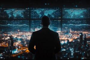 Business professional analyzes data in a modern office setting at night photo