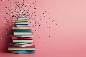 Colorful stack of books against a pink background with confetti falling photo