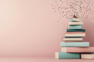 Colorful stack of books against a pink background with confetti falling photo