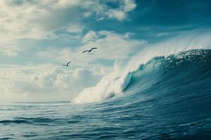 Waves crashing under a bright sky with seagulls soaring above the ocean surface photo