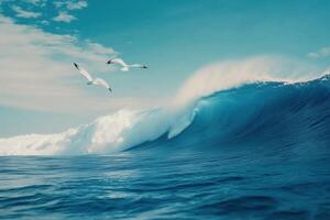 Waves crashing under a bright sky with seagulls soaring above the ocean surface photo
