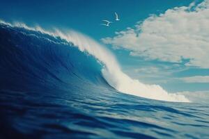 Waves crashing under a bright sky with seagulls soaring above the ocean surface photo