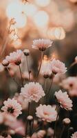 Delicate pink flowers bloom in serene garden during golden hour photo