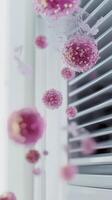 Bacteria and virus particles floating in the air near a window with blinds during daylight photo