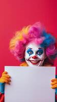 Colorful clown with vibrant wig holds sign in front of bright pink background photo