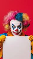 Colorful clown with vibrant wig holds sign in front of bright pink background photo