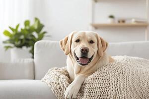 Dog relaxing on a cozy blanket in a bright, modern living room photo