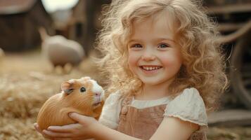 Young girl smiles joyfully while holding a guinea pig outdoors during autumn photo