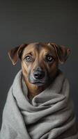 Dog wrapped in cozy gray blanket with a thoughtful expression indoors during winter photo