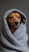 Dog wrapped in cozy gray blanket with a thoughtful expression indoors during winter photo