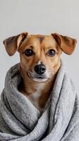 Dog wrapped in cozy gray blanket with a thoughtful expression indoors during winter photo