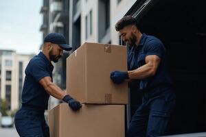 Delivery workers transporting parcels in an urban setting during daylight hours photo