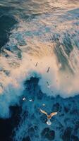 Seagulls soaring above crashing waves at a stormy seaside photo
