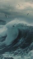 Seagulls soaring above crashing waves at a stormy seaside photo