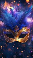 Elegant masquerade mask adorned with feathers and jewels in vivid blue tones photo