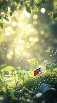 Vibrant ladybug resting on green leaves under soft sunlight in a natural setting photo