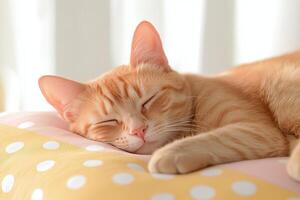 Resting ginger cat on cozy blanket in sunlit room during afternoon photo