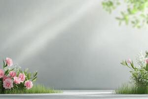 Soft pastel floral arrangement with greenery on a serene background photo