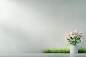 Soft pastel floral arrangement with greenery on a serene background photo