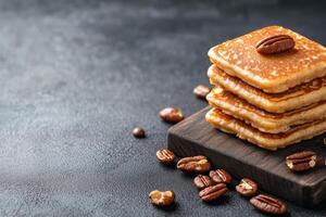 Stack of fluffy pancakes with pecans on a wooden board against a dark background photo