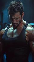 Strong man with muscular build preparing for workout in gym during evening light photo