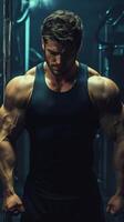 Strong man with muscular build preparing for workout in gym during evening light photo