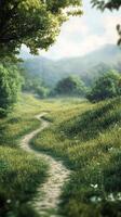 Winding pathway through lush greenery in a serene natural landscape during daylight photo