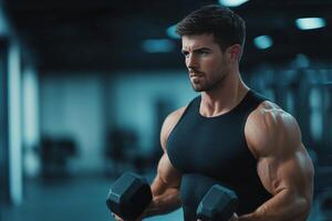 Young man lifting dumbbells in a gym during a strength training session photo