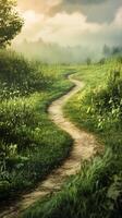 Winding pathway through lush greenery in a serene natural landscape during daylight photo