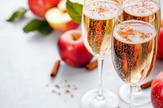 Sparkling apple drinks served with fresh apples and cinnamon sticks on a table photo