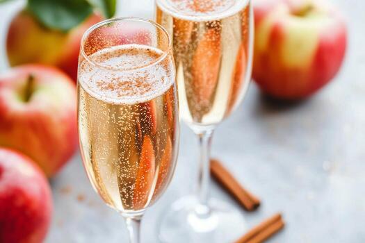 Sparkling apple drinks served with fresh apples and cinnamon sticks on a table photo
