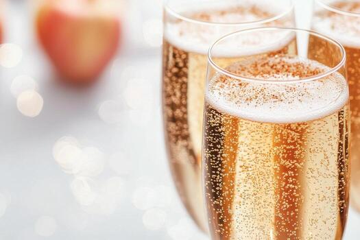 Sparkling apple drinks served with fresh apples and cinnamon sticks on a table photo