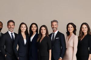 Diverse group of professionals demonstrating confidence and style in studio setting photo