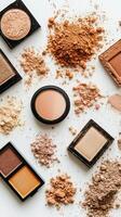 Makeup powder in various shades scattered artistically on a surface photo